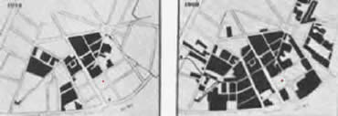Le plan de Billancourt, le petit point rouge repr&eacute;sentant l'atelier de Louis Renault en 1898. En noir, ses installaions en 1914 (&agrave; gauche) et 1920 (&agrave; droite). 