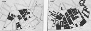 Le plan de Billancourt, le petit point rouge représentant l'atelier de Louis Renault en 1898. En noir, ses installations en 1914 (à gauche) et 1920 (à droite).